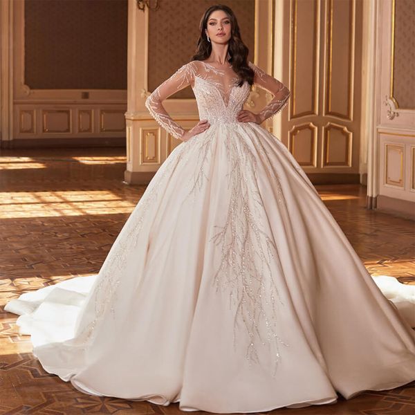 luxurious vintage beading princess wedding dresses long sleeve illusion crystal bridal gown with chapel train back satin wedding dress, White
luxurious vintage beading princess wedding dresses long sleeve illusion crystal bridal gown with chapel train back satin wedding dress, White