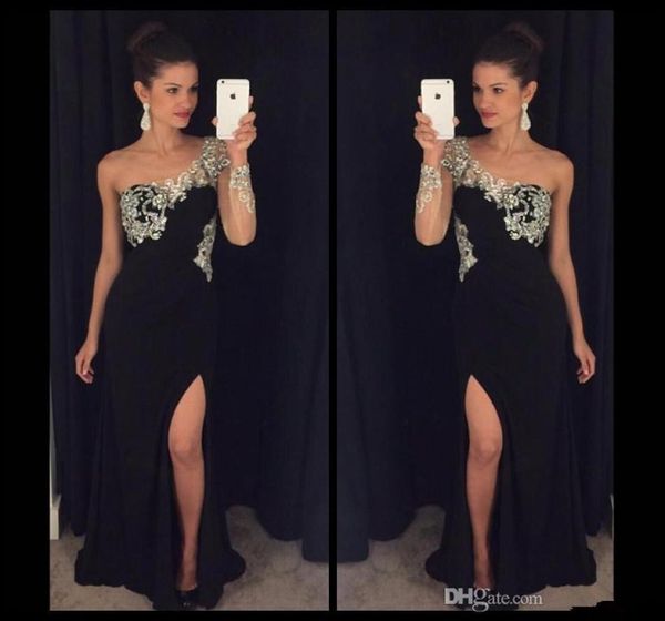 one shoulder black evening dresses applique beaded long sleeve side split sheath chiffon formal prom party gowns vestidos de fiest9634093, Black;red
one shoulder black evening dresses applique beaded long sleeve side split sheath chiffon formal prom party gowns vestidos de fiest9634093, Black;red