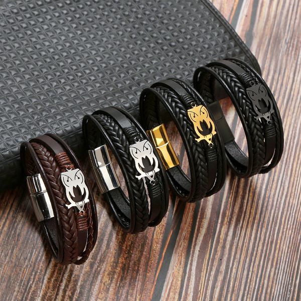 punk stainless steel owl charm bracelet men's titanium steel magnet buckle leather braided bracelet, Black
punk stainless steel owl charm bracelet men's titanium steel magnet buckle leather braided bracelet, Black