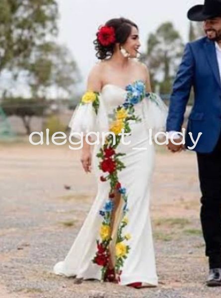 mexican sunflower embroidered mermaid wedding dresses high slit 3d floral western country garden bridal gowns, White
mexican sunflower embroidered mermaid wedding dresses high slit 3d floral western country garden bridal gowns, White