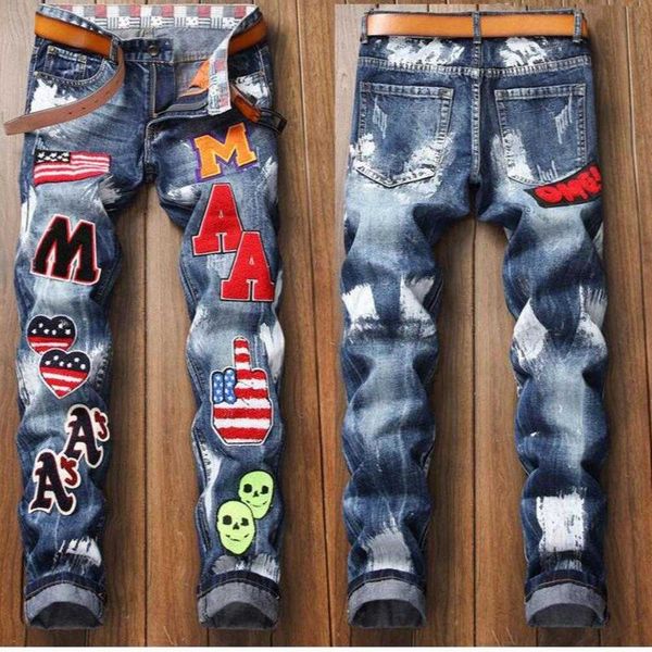 men more badge slim fit jeans straight leg washed fashion designer painted biker men's denim pants trousers big size 8961, Blue
men more badge slim fit jeans straight leg washed fashion designer painted biker men's denim pants trousers big size 8961, Blue