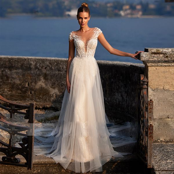 beautiful beaded sheer neck wedding dress sleeveless tulle a line bridal gown elegant beads women dress of bride, White
beautiful beaded sheer neck wedding dress sleeveless tulle a line bridal gown elegant beads women dress of bride, White