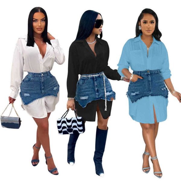 womens dress suit spring summer new personality denim combination dress shirt two piece set, Black;gray
womens dress suit spring summer new personality denim combination dress shirt two piece set, Black;gray
