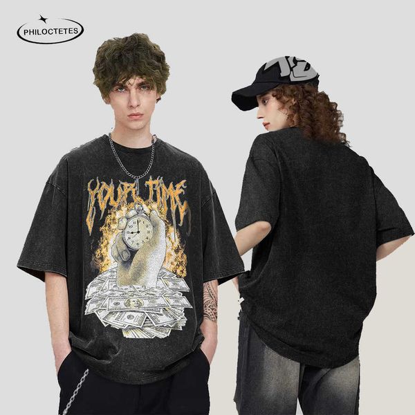 style worn-out washed short sleeved t-shirt for men and women street trend label clock printing loose fitting short sleeved t-shirt half sle, White;black
style worn-out washed short sleeved t-shirt for men and women street trend label clock printing loose fitting short sleeved t-shirt half sle, White;black