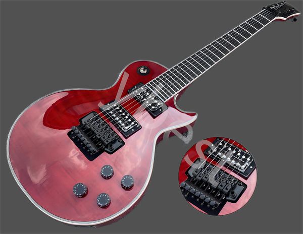7-string electric guitar, freudian rose style, tremolo black parts, burgundy, tiger flame ebony fretboard, no inlay
7-string electric guitar, freudian rose style, tremolo black parts, burgundy, tiger flame ebony fretboard, no inlay