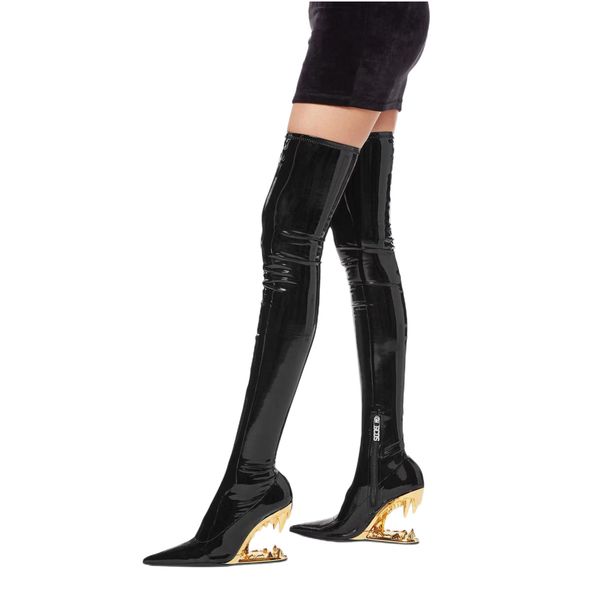 2023 new tiger teeth shaped heel women shoes pointed high heel lacquer leather fashion wrap leg elastic boots over knee boots, Black
2023 new tiger teeth shaped heel women shoes pointed high heel lacquer leather fashion wrap leg elastic boots over knee boots, Black