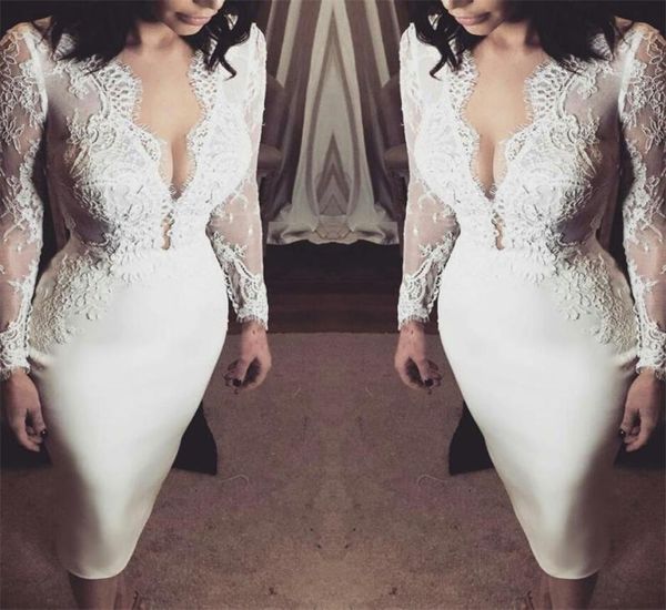 2021 new lace wedding dresses deep v neck long sleeves knee leghth satin bridal gowns wedding reception dress 6307917, White
2021 new lace wedding dresses deep v neck long sleeves knee leghth satin bridal gowns wedding reception dress 6307917, White