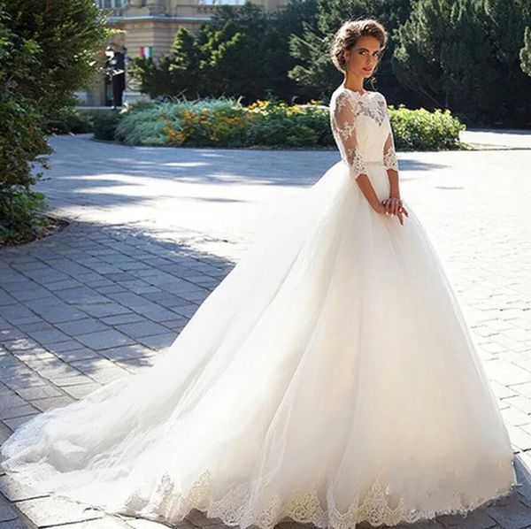 tulle beautiful bride gowns fashion appliques lace bateau neckline half sleeve wedding dresses with beading sash, White
tulle beautiful bride gowns fashion appliques lace bateau neckline half sleeve wedding dresses with beading sash, White