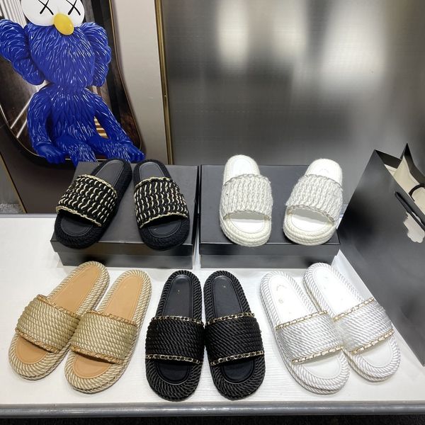 women tweed leather slipper straw woven hemp rope slides interlocking c sandals slip on wedge flats fashion chains beach mule brand flip flo, Black
women tweed leather slipper straw woven hemp rope slides interlocking c sandals slip on wedge flats fashion chains beach mule brand flip flo, Black