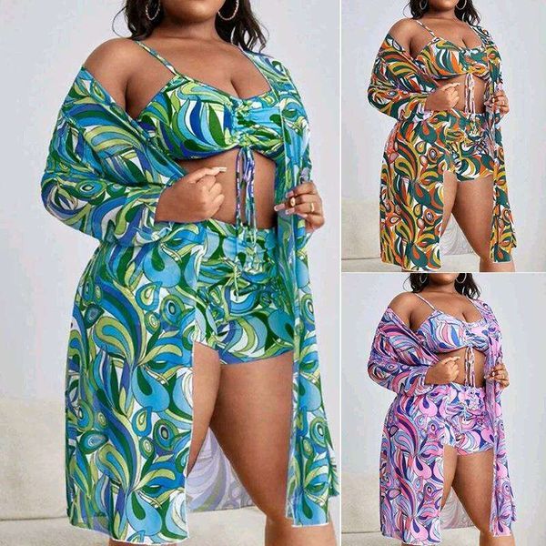 three piece set swimsuit women long printed blouse drawstring bra high waist boxers womens, White;black
three piece set swimsuit women long printed blouse drawstring bra high waist boxers womens, White;black