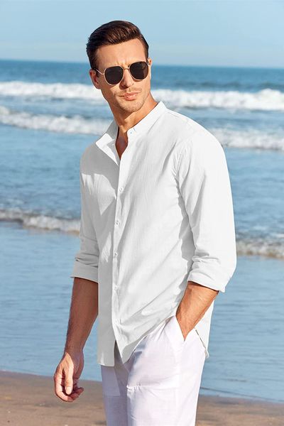 men's casual button down cotton linen shirts long sleeve band collar beach shirt top, White;black
men's casual button down cotton linen shirts long sleeve band collar beach shirt top, White;black