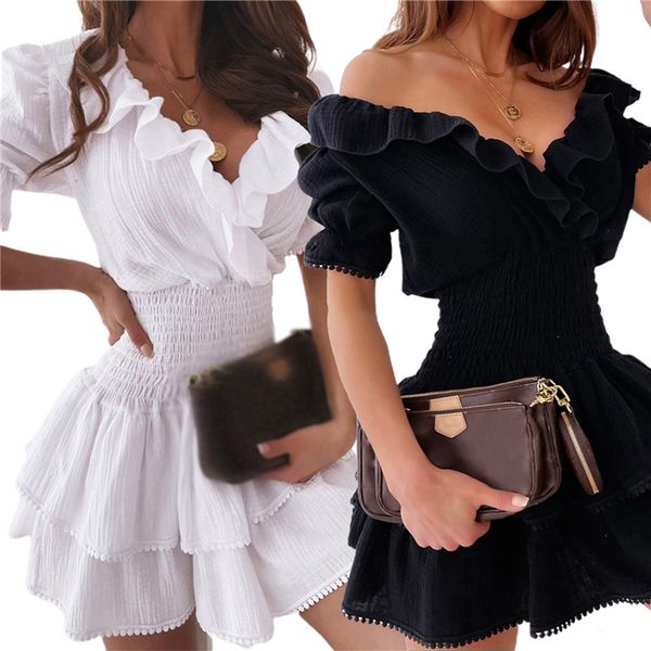 women's warp v neck dress short puff sleeve solid color shirred high waist ruffle mini, Black;gray
women's warp v neck dress short puff sleeve solid color shirred high waist ruffle mini, Black;gray