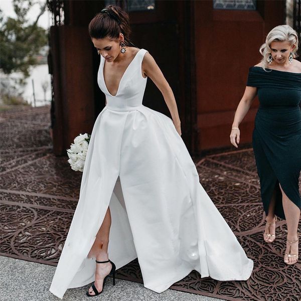 simple soft satin v neckline country wedding dress with train deep split wedding bridal gown a line beach dress for bride, White
simple soft satin v neckline country wedding dress with train deep split wedding bridal gown a line beach dress for bride, White