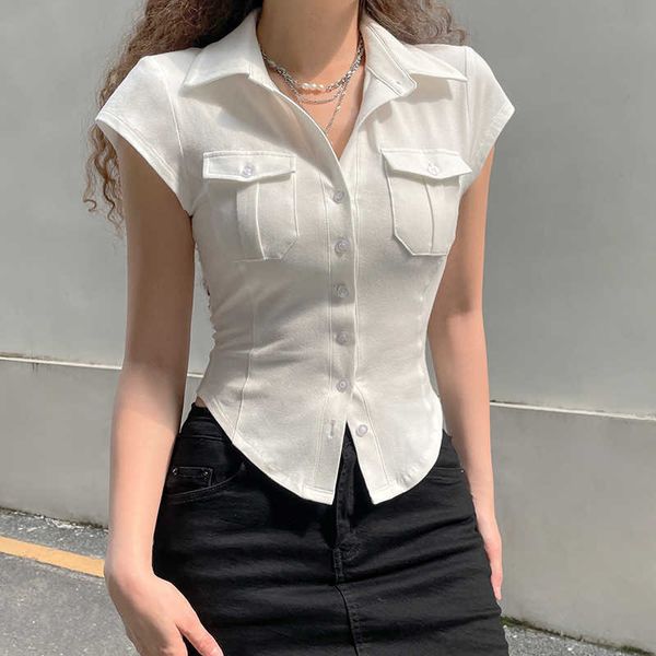 women's short-sleeved shirt summer new european and american fashion pure color temperament lapel pocket buckle slim slim shirt blouse, White
women's short-sleeved shirt summer new european and american fashion pure color temperament lapel pocket buckle slim slim shirt blouse, White