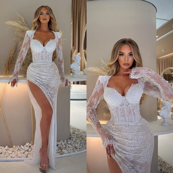 lace wedding dresses for bride cap long sleeves sequins appliques wedding gown thigh slit robe de mariee bridal gowns, White
lace wedding dresses for bride cap long sleeves sequins appliques wedding gown thigh slit robe de mariee bridal gowns, White