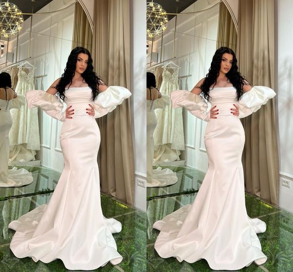 elegant simple plus size mermaid wedding dresses for bride strapless long puffy sleeves draped pleats lace up back sweep train bridal gowns, White
elegant simple plus size mermaid wedding dresses for bride strapless long puffy sleeves draped pleats lace up back sweep train bridal gowns, White