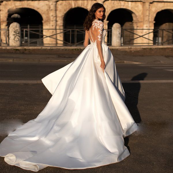 simple lace soft satin wedding dress with long train full sleeve wedding bridal gown see through a line dress for bride, White
simple lace soft satin wedding dress with long train full sleeve wedding bridal gown see through a line dress for bride, White