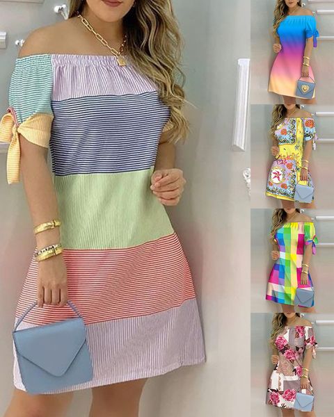 women off shoulder mini dress summer short sleeve bow tie striped floral print dresses fashion casual loose dress, Black;gray
women off shoulder mini dress summer short sleeve bow tie striped floral print dresses fashion casual loose dress, Black;gray