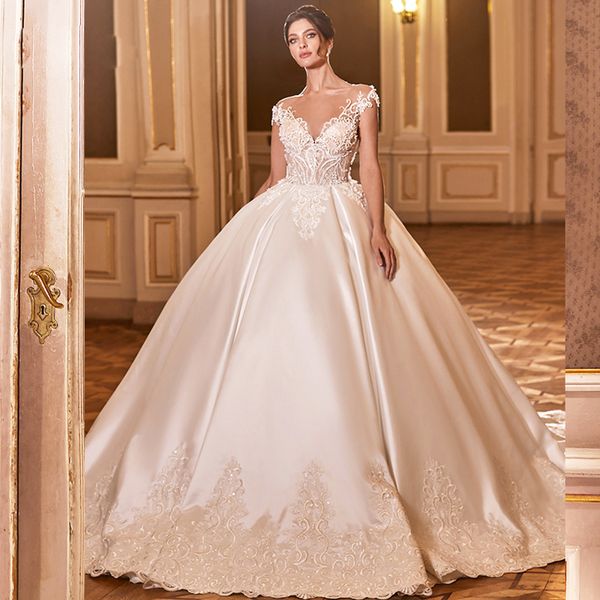 luxurious appliques beads wedding dresses with long chapel train soft satin princess wedding bridal gown plus size sheer neck ball gown dres, White
luxurious appliques beads wedding dresses with long chapel train soft satin princess wedding bridal gown plus size sheer neck ball gown dres, White