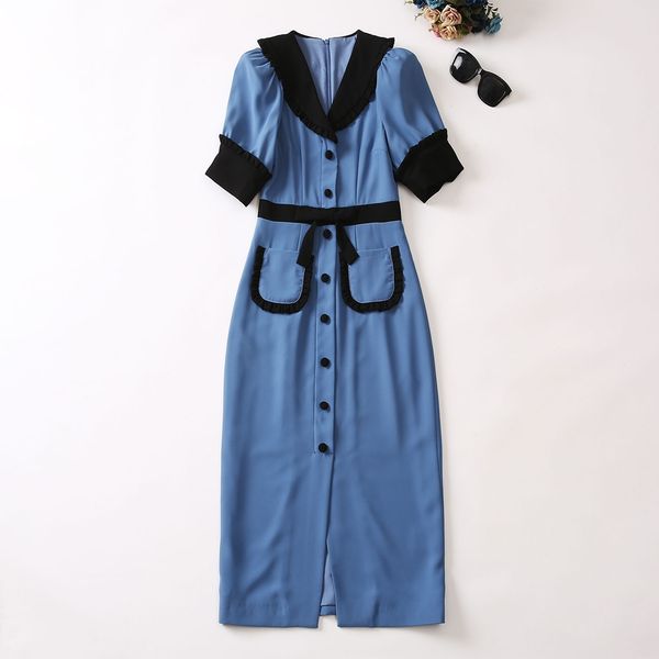 runway dress 2023 summer new blue single breasted short sleeved patchwork black dress v-neck contrasting placket button up dress
runway dress 2023 summer new blue single breasted short sleeved patchwork black dress v-neck contrasting placket button up dress