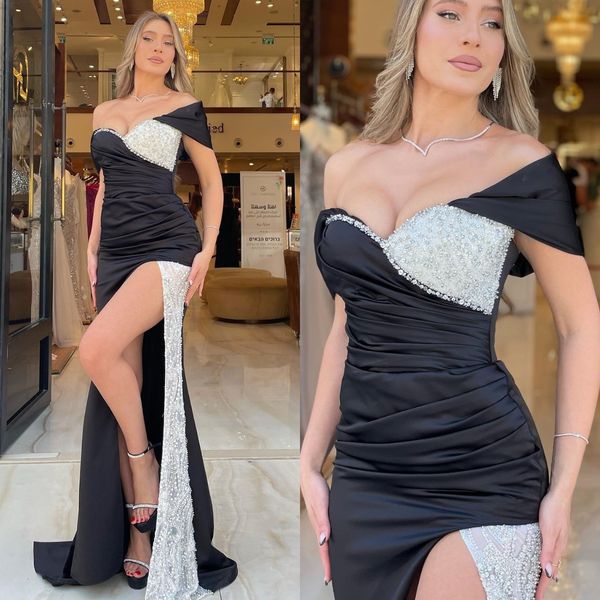 elegant black evening gown off shoulder silver sequins beads party prom dresses slit formal long dress for special occasion, Black;red
elegant black evening gown off shoulder silver sequins beads party prom dresses slit formal long dress for special occasion, Black;red