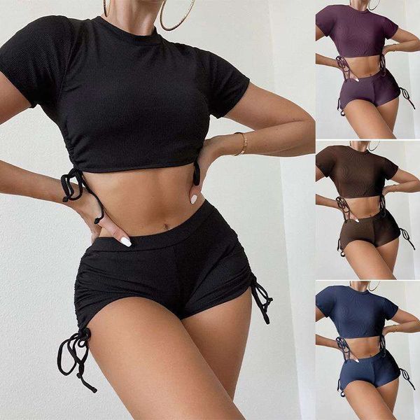 sunken stripe lace up conservative fashion split swimsuit womens boxer tight wholesale, White;black
sunken stripe lace up conservative fashion split swimsuit womens boxer tight wholesale, White;black