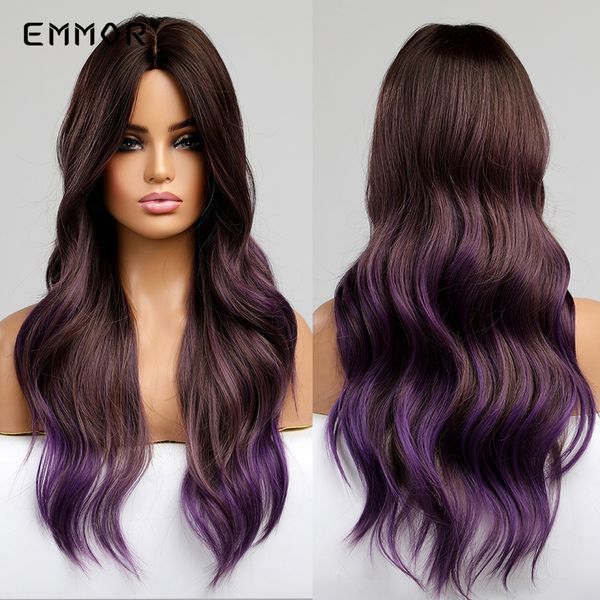 synthetic long wavy hair wig ombre dark brown to purple wigs for women natural part heat resistant hair cosplay wigsfactory di, Black