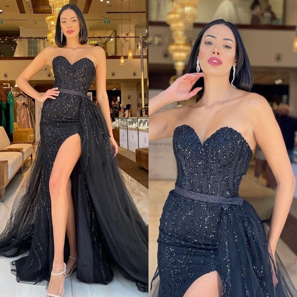 elegant black evening gown sweetheart sequins beads party prom dresses slit formal long dress for special occasion, Black;red
elegant black evening gown sweetheart sequins beads party prom dresses slit formal long dress for special occasion, Black;red