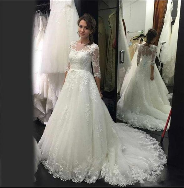 vintage sheer neck bridal gowns nova lace modest country 3/4 sleeves a line wedding dresses vestido de n1iva, White
vintage sheer neck bridal gowns nova lace modest country 3/4 sleeves a line wedding dresses vestido de n1iva, White