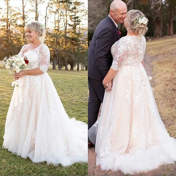 2023 plus size wedding dresses bridal gown a line with 1/2 half sleeves lace applique tulle sweep train covered buttons back vestidos de nov, White
2023 plus size wedding dresses bridal gown a line with 1/2 half sleeves lace applique tulle sweep train covered buttons back vestidos de nov, White
