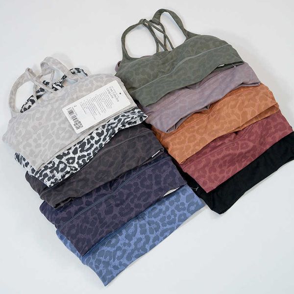 leopard print yoga bra soft double stripe lu-055 thin belt back strap women's sports tight underwear