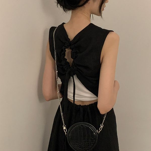 new drawstring hollow sleeveless vest slim dress behind fashionable summer elegant temperament women's clothing, Black;gray
new drawstring hollow sleeveless vest slim dress behind fashionable summer elegant temperament women's clothing, Black;gray