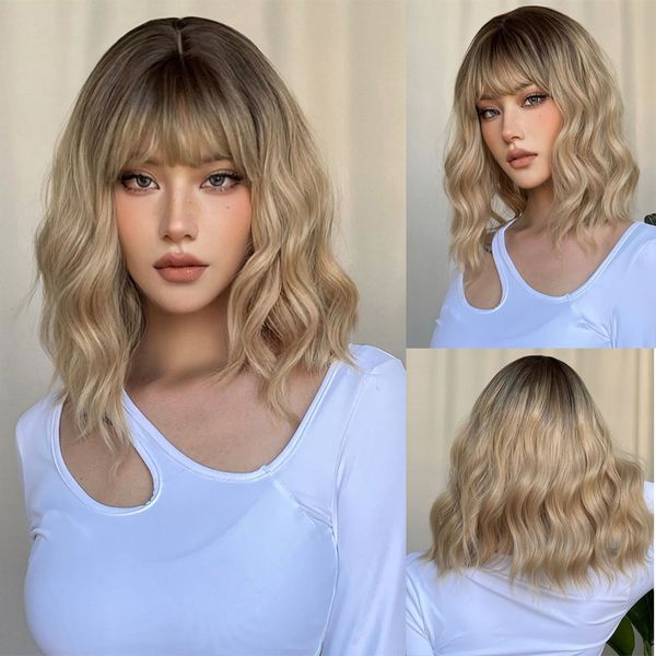short wavy bob synthetic wig brown to blonde ombre hair wigs for women with bangs cosplay natural wig heat resistantfactory dir, Black
short wavy bob synthetic wig brown to blonde ombre hair wigs for women with bangs cosplay natural wig heat resistantfactory dir, Black