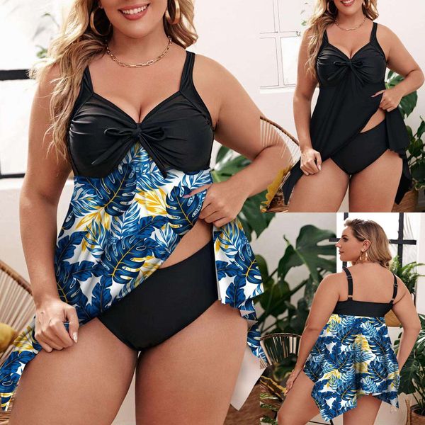 fat woman swimsuit tankini split printed skirt plus size conservative for women, White;black