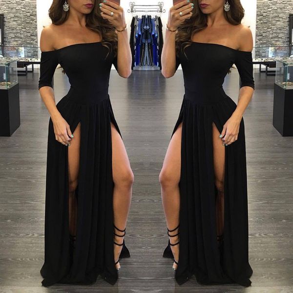 women slash neck maxi dress solid color high slit formal party dress fashion slim summer dress vestido de, Black;gray
women slash neck maxi dress solid color high slit formal party dress fashion slim summer dress vestido de, Black;gray