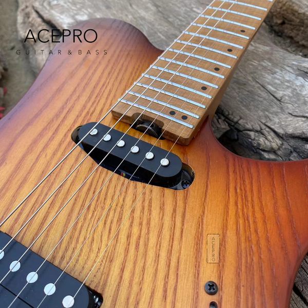 acepro headless electric guitar stainless steel frets vintage sunburst ash body roasted maple neck single + humbucker pickups
acepro headless electric guitar stainless steel frets vintage sunburst ash body roasted maple neck single + humbucker pickups
