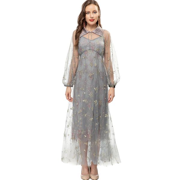 women's runway dresses turn down long sleeves embroidery elegant maxi designer vestidos party prom, Black
women's runway dresses turn down long sleeves embroidery elegant maxi designer vestidos party prom, Black