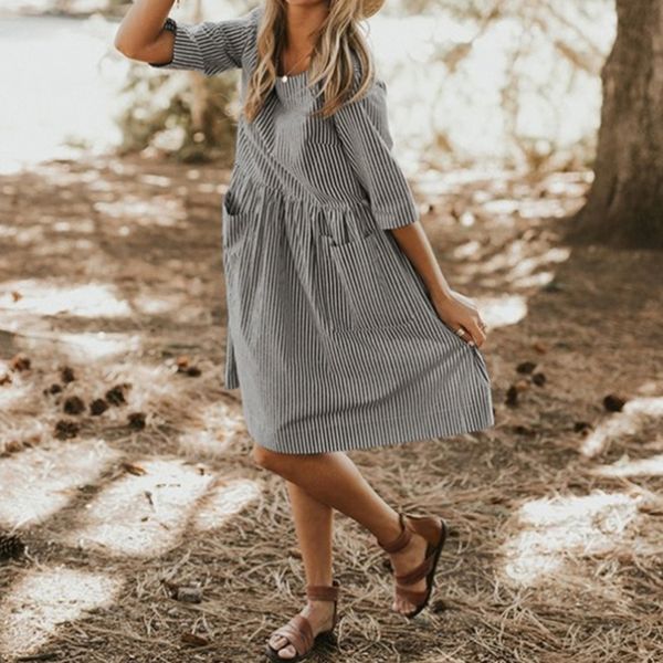 casual o neck shirt dress ladies summer half sleeve pocket dress femme striped print a-line loose, Black;gray
casual o neck shirt dress ladies summer half sleeve pocket dress femme striped print a-line loose, Black;gray