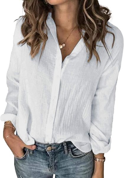 womens long sleeve button down cotton linen shirt blouse loose fit casual v-neck, White
womens long sleeve button down cotton linen shirt blouse loose fit casual v-neck, White