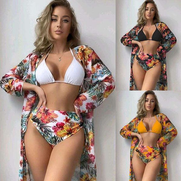 three piece swimsuit women split bikini printed drawstring high waist briefs long blouse, White;black
three piece swimsuit women split bikini printed drawstring high waist briefs long blouse, White;black