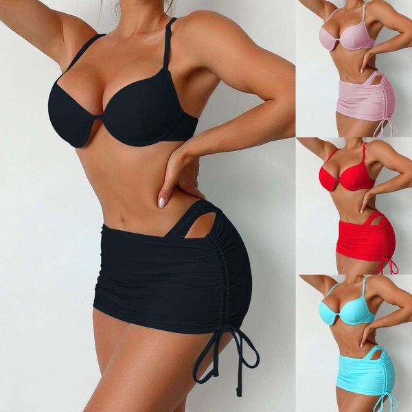 womens solid color split swimsuit sling backless three piece set, White;black
womens solid color split swimsuit sling backless three piece set, White;black