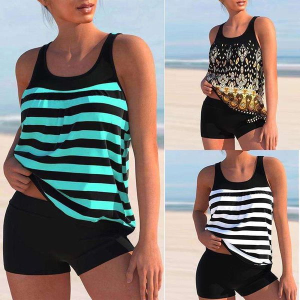 striped tankini split swimsuits conservative boxers plus size womens swimsuit, White;black
striped tankini split swimsuits conservative boxers plus size womens swimsuit, White;black