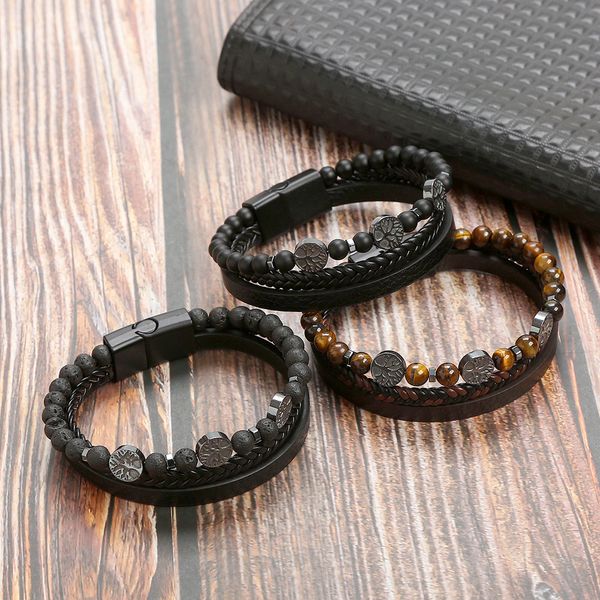 

New Popular Three Layered Leather Bracelet Hematite Life Tree Bracelets Jewelry for Men
