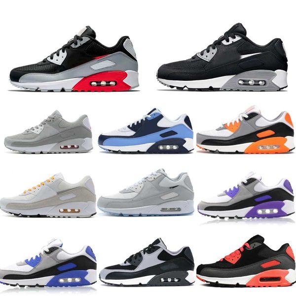 Image of Designer Mens 90 Sports Shoes Triple White Black Red AirS 90s Womens Wolf Grey Polka Dot Infrared AirmaxS Total Laser Blue Airs Hyper Grape Royal Trainer Sneakers