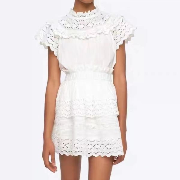 2023 two piece set 100% cotton hollow lace small flying sleeve cotton short sleeve shirt with elastic waist skirt, White
2023 two piece set 100% cotton hollow lace small flying sleeve cotton short sleeve shirt with elastic waist skirt, White