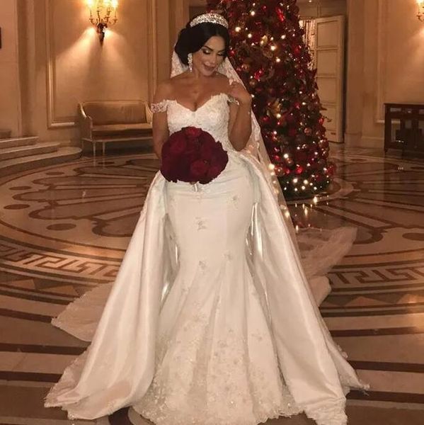 elegant beaded lace wedding dresses mermaid bridal gowns with detachable train off shoulder applique ivory satin bride dress asq-1, White
elegant beaded lace wedding dresses mermaid bridal gowns with detachable train off shoulder applique ivory satin bride dress asq-1, White