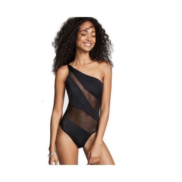 bikini one shoulder piece black mesh stitching swimwear women solid color swimsuit, White;black
bikini one shoulder piece black mesh stitching swimwear women solid color swimsuit, White;black