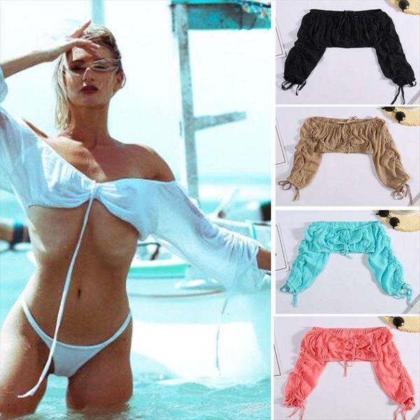 womens beach swimwears sun protection long sleeved off shoulder chest with drawstring cuff bikini blouse, White;black
womens beach swimwears sun protection long sleeved off shoulder chest with drawstring cuff bikini blouse, White;black