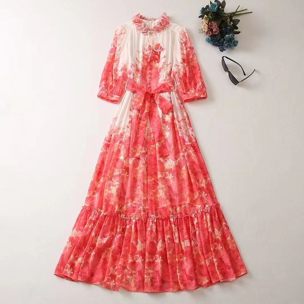 european and american women's clothes 2023 spring new seven-point sleeve petal stand collar fashion printed belt pleated dress, Black;gray
european and american women's clothes 2023 spring new seven-point sleeve petal stand collar fashion printed belt pleated dress, Black;gray