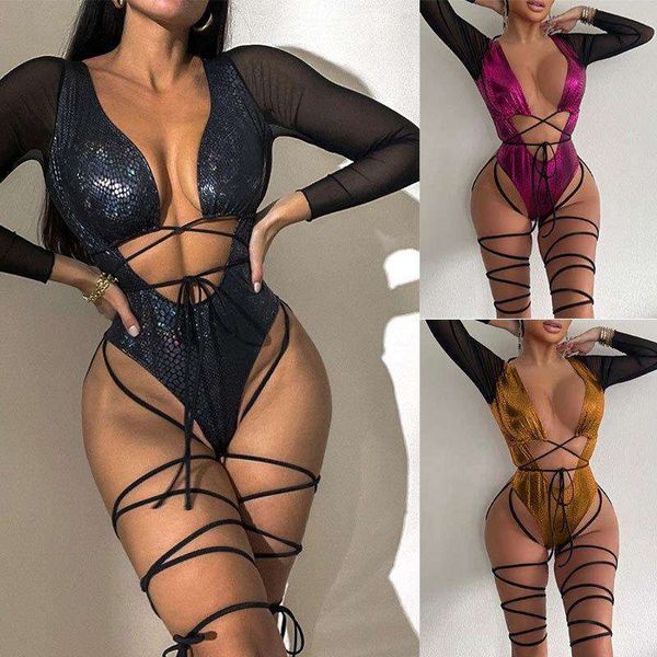 long sleeve one piece swimsuit womens lace up cutout backless bronzing bikini, White;black
long sleeve one piece swimsuit womens lace up cutout backless bronzing bikini, White;black